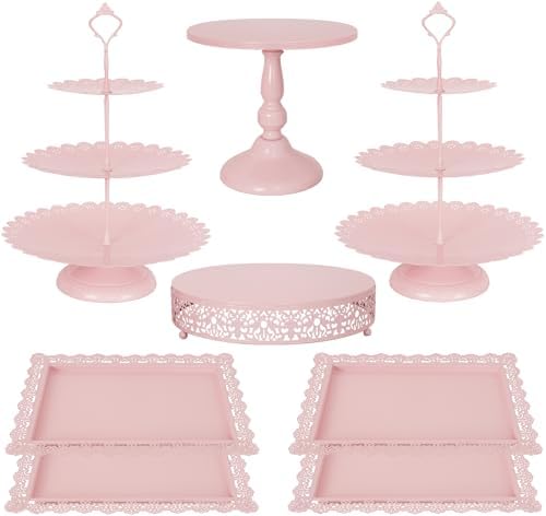 Fivenl 8 Pcs Cake Stand Pink Metal Dessert Table Display Set, 3-Tier Cupcake Stand, Cake Display Tower and Cookie Tray Rack Serving Tray for Birthday Party, Weddings, Baby Shower (Pink) by Fivenl