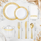 WELLIFE 350Pcs Gold Dinnerware Sets, Plates and Napkins Party Supplies Include:50 Dinner Plates, 50 Dessert Plates, 50 Paper Napkins, 50 Cups, 50 Gold Plastic Cutlery Set - Image 2
