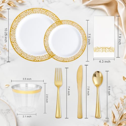 WELLIFE 350Pcs Gold Dinnerware Sets, Plates and Napkins Party Supplies Include:50 Dinner Plates, 50 Dessert Plates, 50 Paper Napkins, 50 Cups, 50 Gold Plastic Cutlery Set - Image 2