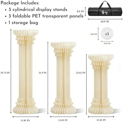 Cylinder Stands for Party, Shape&Use 3PCS Roman Column Cream White Pedestal Display Stands, Foldable Cardboard Columns for Wedding, Birthday, Anniversary Decor, 11.8in Dia. (23.6/31.5/39.4in H) with Storage Bag - Image 2