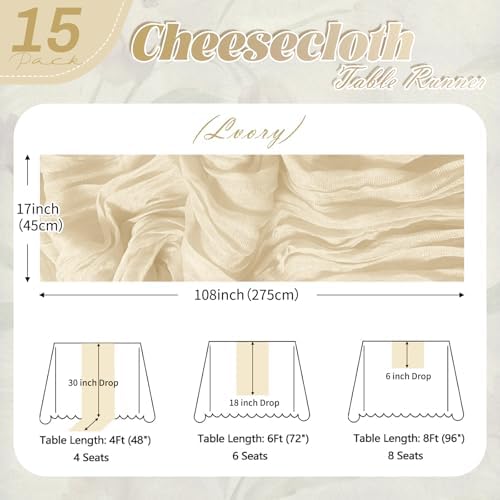 15 Pack Ivory Cheesecloth Table Runner 17 x 108 inch Cheese Cloth Table Runners 9ft Ivory Table Runner Rustic Romantic Sheer Gauze Runner for Wedding Party Baby Shower Table Decoration - Image 2