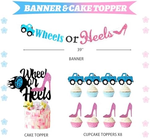 Hombae Wheels or Heels Gender Reveal Decorations, 169 PCs Boy or Girl Gender Reveal Decorations Backdrop Balloon Garland Banner Tablecloth Cake Cupcake Topper Box Cutout Poster Sash Pink Blue - Image 3