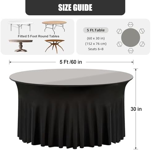 8 Pack Black Round Spandex Tablecloth 60 Inch, Wrinkle Free Stretch 120 Inch Fitted 5ft Black Table Cloths Round Table Covers with Ruffle Skirt for Graduation Wedding Party Banquet - Image 4