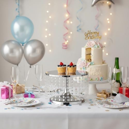 Cake Stand for Dessert Table 12 Inch Silver Crystal Pendants Metal Cake Stand Serves as A Round Dessert Cupcake Display Plate for Table, Wedding, Party, Event - Image 3