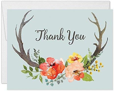 Boho Thank You Cards with Envelopes (Pack of 50) Rustic Folded Thank You Notes Excellent Value Floral Antlers Thank You Notecards VT0003 by Digibuddha