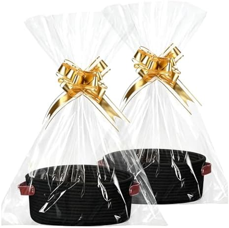 Empty Gift Basket Kit, 2-Pack Woven Storage Bin with Leather Handles Clear Cello Bags Pull Bows for Wrapping Presents Baby Shower Holiday by Unknown