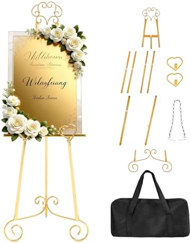 Gold Easel Stand for Sign,Heavy Duty Metal Adjustable Display Easel with Storage Bag,Perfect for Showcasing Pictures, Artwork, Picture Frame Wedding Sign Etc by bvkotent