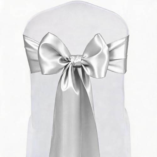 Satin Chair Sashes Bows 50 Pack Universal Polyester Chair Ribbons for Wedding Anniversary Retirement Party Birthday Engagement Banquet Graduation Outdoor Events Decor (Silver, 50 pcs) - Image 2
