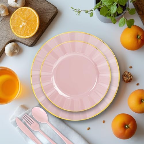 150Pcs Plastic Plates with Gold Rim,Heavy Duty Pink Plates for 30 Guests,Plastic Dinnerware Set Include 30 Dinner Plate,30 Dessert Plate,90 Gold Cutlery Set for Party (Pink) - Image 4