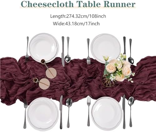 15 Pack Burgundy Cheesecloth Table Runner 9FT Rustic Sheer Table Runners 17x108 Inch Gauze Boho Runner for Wedding Bridal Baby Shower Birthday Party Table Decorations - Image 2