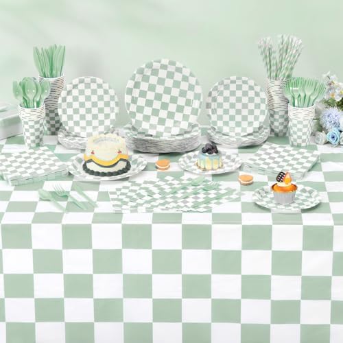 Funnymoom 452 Pcs Sage Green Gingham Party Supplies for 50, Light Green and White Checkered Gingham Paper Plates Napkins Cups Tablecloth Cutlery Straw for Picnic Birthday Baby Shower Decoration - Image 4