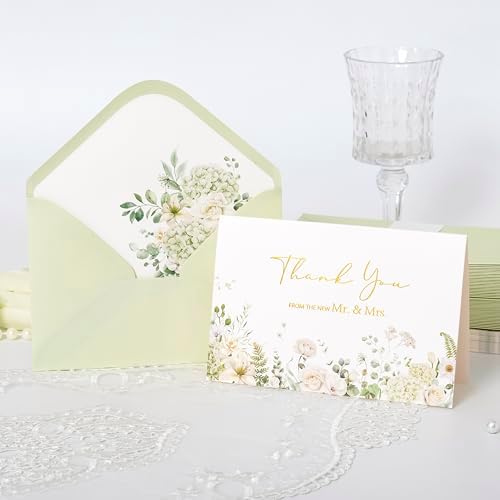 Crisky Green Floral Wedding Thank You Cards with Envelopes & Stickers From Mr & Mrs, 100 Pack Gold Foil Eucalyptus Leaves Thank You Greeting Note Cards Bulk for Bridal Shower - Image 5