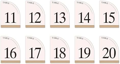 Hanna Roberts Minimal Curved Wooden Table Number Sign with Wooden Base | For Wedding Reception, Restaurants, Rehearsal Dinner, Events and Party (Set of 10, 1-10) (Set of 10, 11-20, Pink) - Image 2