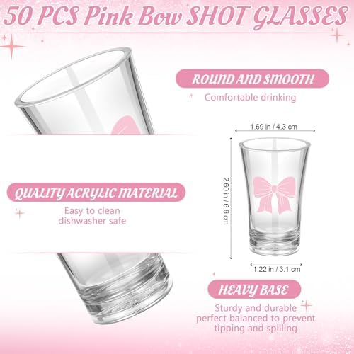 Funnymoom 50 Sets Pink Bow Party Favors Coquette Shot Glasses Birthday Party Decorations Acrylic Clear Gifts Thank You Tags with Organza Bags for Women Bridal Shower Wedding Bachelorette Supplies - Image 2