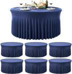 6 Pack Navy Blue Round Spandex Tablecloths for 60 inch Table, Wrinkle Free Stretchy 120inch Fitted 5FT Round Table Cloths Cover with Skirt for Wedding Birthday Party Dining Banquet Events by Htper