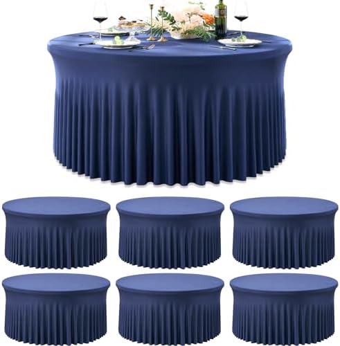 6 Pack Navy Blue Spandex Round Tablecloths for 72inch Table, Wrinkle Free 132inch Stretchy Fitted 6ft Round Table Cloths Covers with Skirt for Wedding Birthday Parties Banquet Events by Htper