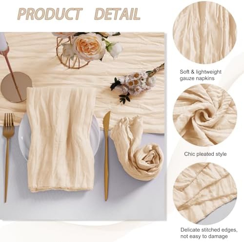 LZY 60 Pack Gauze Cheesecloth Napkins 20x20 Inch Dinner Cloth Napkins, Soft Boho Table Napkins Rustic Wrinkled Cheese Cloth Napkins Bulk for Wedding Party Baby Shower Event Decor (Ivory) - Image 4