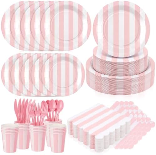 Mimorou 350 Pcs Pink White Striped Party Tableware for 50 by Mimorou