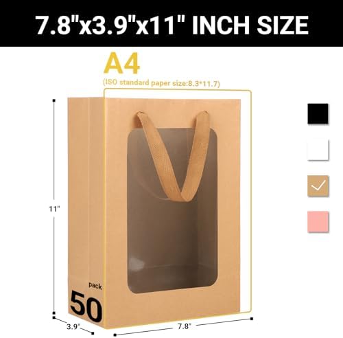 EUSOAR Kraft Clear Transparent Gift Bags - 50pcs, 7.8"x3.9"x11" with Handles and Transparent Window for Grocery, Business, Party, Wedding - Image 2