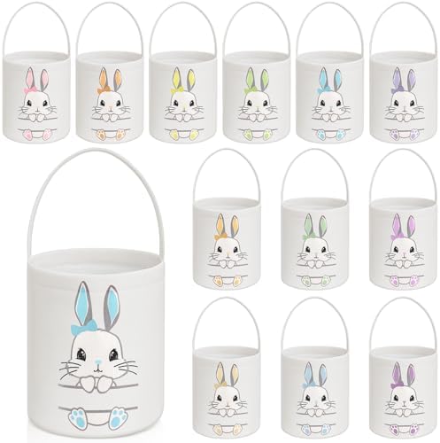 SATINIOR 12 Pack Easter Basket Bulk Easter Bunny Canvas Buckets with Handles Large Personalized Cute Rabbit Tote Bags for Hunt Party Favor Gifts(Lovely Color) by SATINIOR
