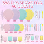 Qinyoung 388 Pcs Pastel Plates and Napkins Party Supplies Tableware Include Disposable Scalloped Plate Paper Napkin Cup Plastic Cutlery for Baby Shower Party Wedding Birthday, 48 Sets - Image 2