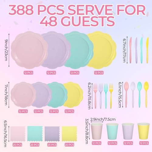 Qinyoung 388 Pcs Pastel Plates and Napkins Party Supplies Tableware Include Disposable Scalloped Plate Paper Napkin Cup Plastic Cutlery for Baby Shower Party Wedding Birthday, 48 Sets - Image 2