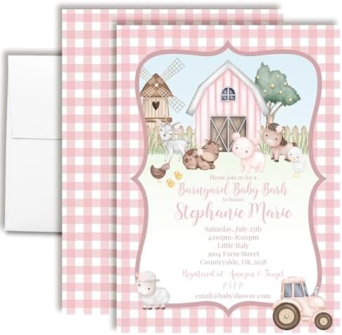 Amanda Creation Farm Baby Shower Girl Invitations, 20 Custom 5x7 Personalized Barnyard Baby Shower Invitations with Envelopes by AmandaCreation
