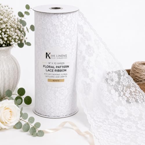AK TRADING CO. 14" x 10 Yards White Crochet Floral Lace Ribbon – Extra-Wide Soft Trim for Crafts, Wedding Décor & Floral Design by AK+Trading+Co.
