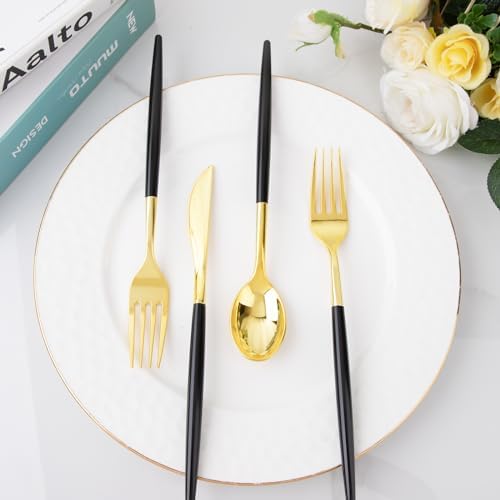 I00000 300Pcs Black Plastic Silverware, Happy New Year Gold Disposable Silverware, Black and Gold Plastic Utensils Include 100 Forks 100 Knives 100 Spoons,Disposable Cutlery for Wedding (Pack of 2) - Image 4