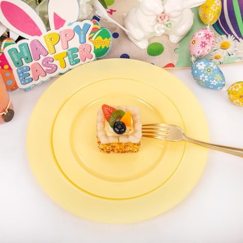 FLOWERCAT 60PCS Yellow Plates - Heavy Duty Yellow Plastic Plates Disposable 10.25inch & 7.5inch for Birthday Party/Wedding/Spring - Serve for 30 guests - Image 4