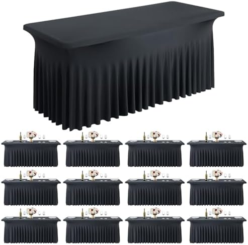 Spandex Tablecloth 6FT Rectangle Table Cover 12 Pack Black Wrinkle-Free by Outpain