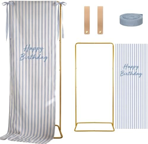 Striped Happy Birthday Sign Stand with Linen Ribbon, Blue by Unknown
