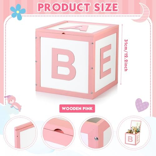 Chunful Wood Baby Shower Box ABC Display Box for Party Decorations with Alphabet Letters Personalized Shower Gifts Basket Party Blocks Backdrop for Boys and Girls (Pink,White) - Image 3