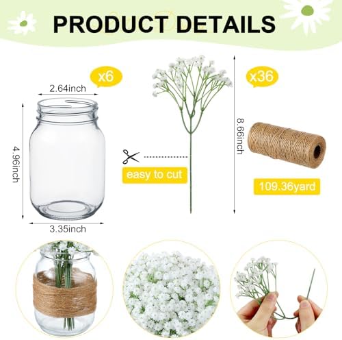 43 Pcs/ 6 Set Babybreath Mason Jar Table Centerpiece Mason Jar Vases - Image 2