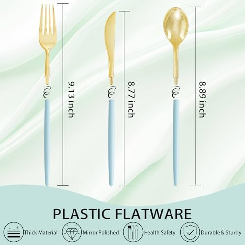 Supernal 102Pcs Gold Plastic Cutlery with Mint Green Handle for Party - Image 3