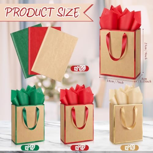 Yeaqee 50 Pack Metallic Paper Gift Bag Bulk with Handle, Green,Red,Gold - Image 2
