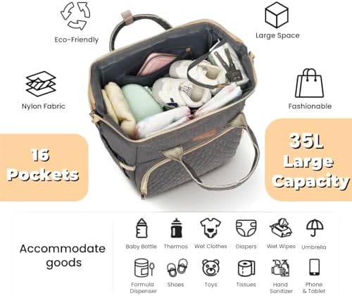 ROSEGIN Baby Diaper Bag Backpack with Changing Pad, Pacifier Case, for Boy Girl Toddler - Large, Stylish, Waterproof Travel Quilted Diaper Bag for Mom - Baby Shower Gifts - Grey - Image 2
