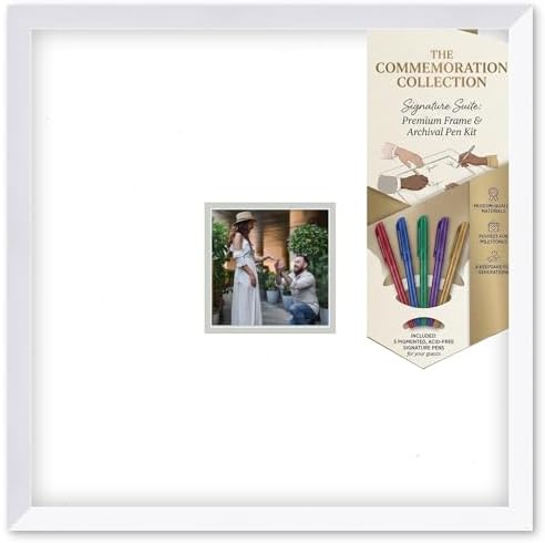 Solid Wood Signature Frame With Square Opening - White Wood - Light Gray Accent Mat - Guest Book Alternative With Gel Pens Made in the USA by CustomPictureFrames