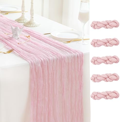 Sioloc 5 Pack Light Pink Cheesecloth Table Runner 120'' x 35'',Spring Easter Decor Soft Gauze Boho Wedding Table Decor for 10ft Table Birthday Party,Baby Shower, Bridal Shower, Home & Event Decor by HEALTHYCOMFORTLIFE