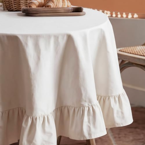 Retro Farmhouse Ruffle Tablecloth Flounces Trim Washable Table Cover Tablecloths for Round Table Picnic Kitchen Dining Room Home Party Wedding Decor Off-White 70" - Image 2