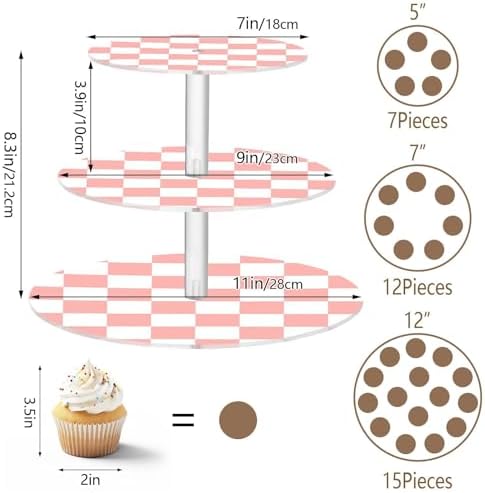 J JOYSAY Chess Checkerboard Flesh Color White Print Acrylic Cupcake Stand 3 Tier Dessert Table Display Set Clear Cake Stands for Baby Shower Wedding Party Decorations Easy Assembly Macaron Tower - Image 3
