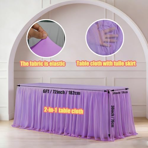 1-Pack Light Purple 2-in-1 Tulle Tablecloth for 6-Foot Rectangular Table - Image 2