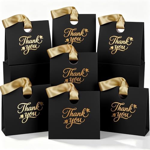 Feifeiya 30 Pcs Thank You Gift Bags with Ribbon Handles 7.87 x 3.54 x 7.09 Inch Paper Candy Gift Bags with Gold Foil Printed for Appreciation Birthday Wedding Bridal Baby Shower Party Favors(Black) by Feifeiya