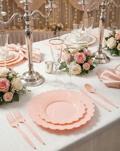 150Pcs Pink Plastic Plates Heavy Duty Dinnerware Set for Party - Image 5