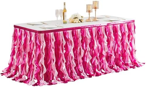 Wish Care 6ft Pink Sequin Table Skirt for Rectangle Tables Glitter Curly Willow Fuchsia Tutu Skirt Ruffle Table Cloth Desk Skirts for Princess Girls Birthday Baby Shower Party Cake Table Decorations by WishCare