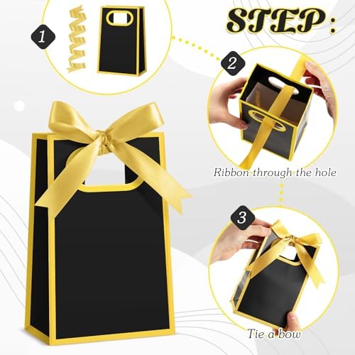 AmazingSpark 50 Pcs Black Gold Mini Gift Bags Bulk 6.3 x 3.9 x 2.8 Inch Party Favors Elegant Small Gift Bags with Handles and Ribbon Bows for Wedding Birthday Bridal Baby Shower Party Favors - Image 4