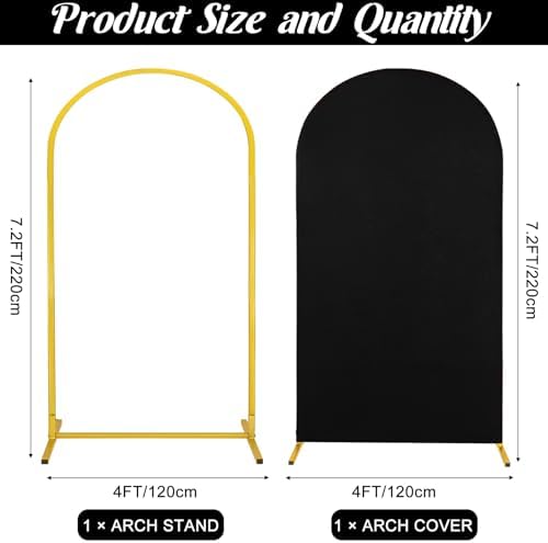 Metal Arch Stand and Cover Set,1 Black Spandex Fitted Backdrop with 1 Gold Wedding Arched Stand Frame for Parties Birthday Baby Shower Bridal Banquet Decoration (7.2FT) - Image 2