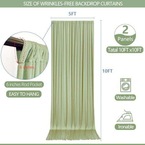 ESGOTBME 10x10ft Wrinkle Free Sage Green Backdrop Curtain for Parties Soft Fabric Drapes Wedding Curtain Backdrop for Birthday Party Decorations Background for Photography 5x10ft, 2 Panels - Image 3