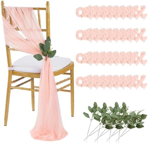 QueenDream Blush Chair Sashes Wedding: 36 Pieces Long Sheer Wedding Aisle Chair Decorations Tulle ChairCovers with Artificial Eucalyptus by QueenDream