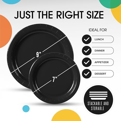 Party Solids Exquisite Black Paper Plates Disposable Heavy Duty 200 Pcs - 100-7" & 100-9" Black Disposable Plates For Party Heavy Duty 350 GSM For Birthday Supplies - Image 3